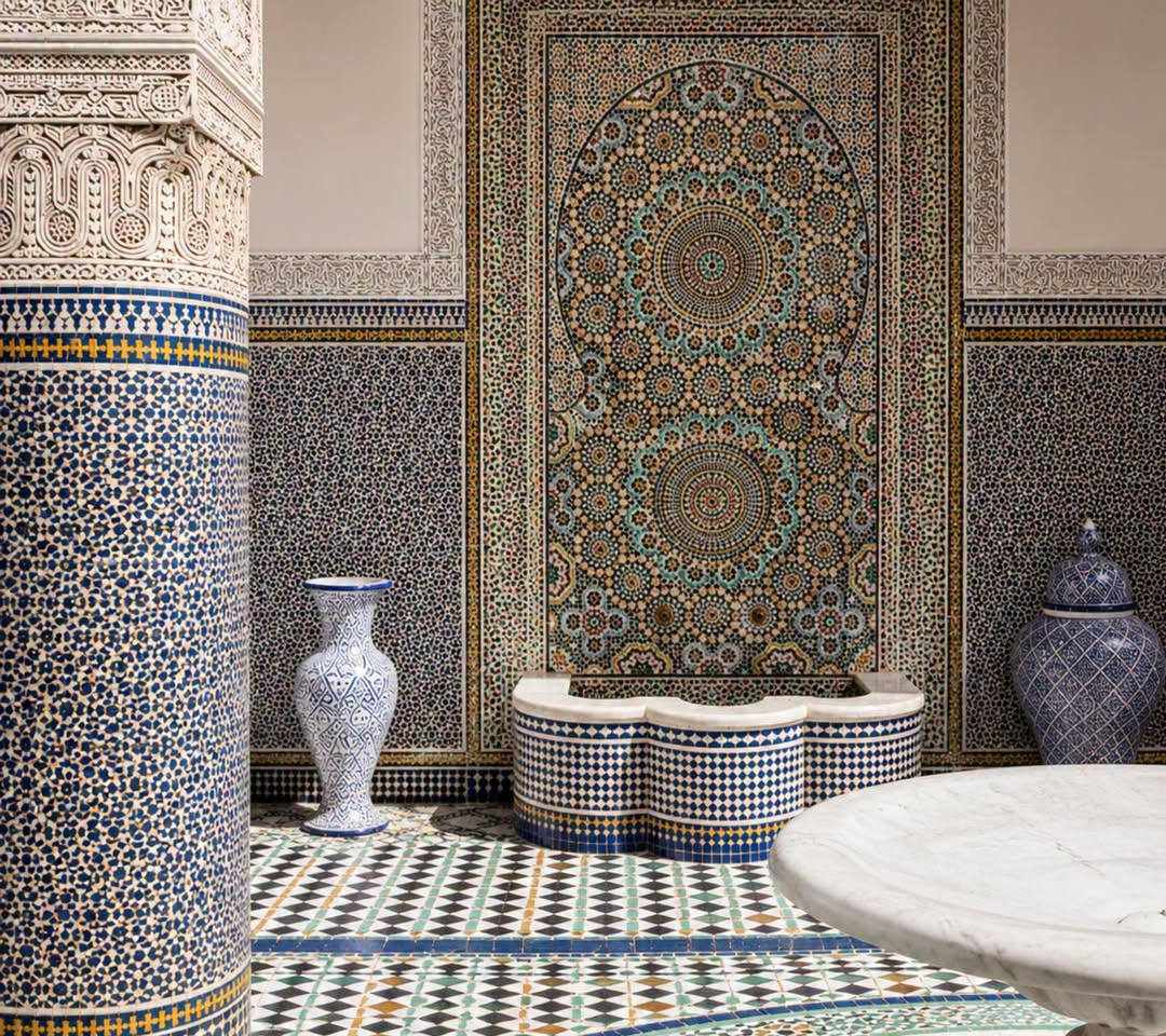 Moroccan zellige fountain and tilework interior