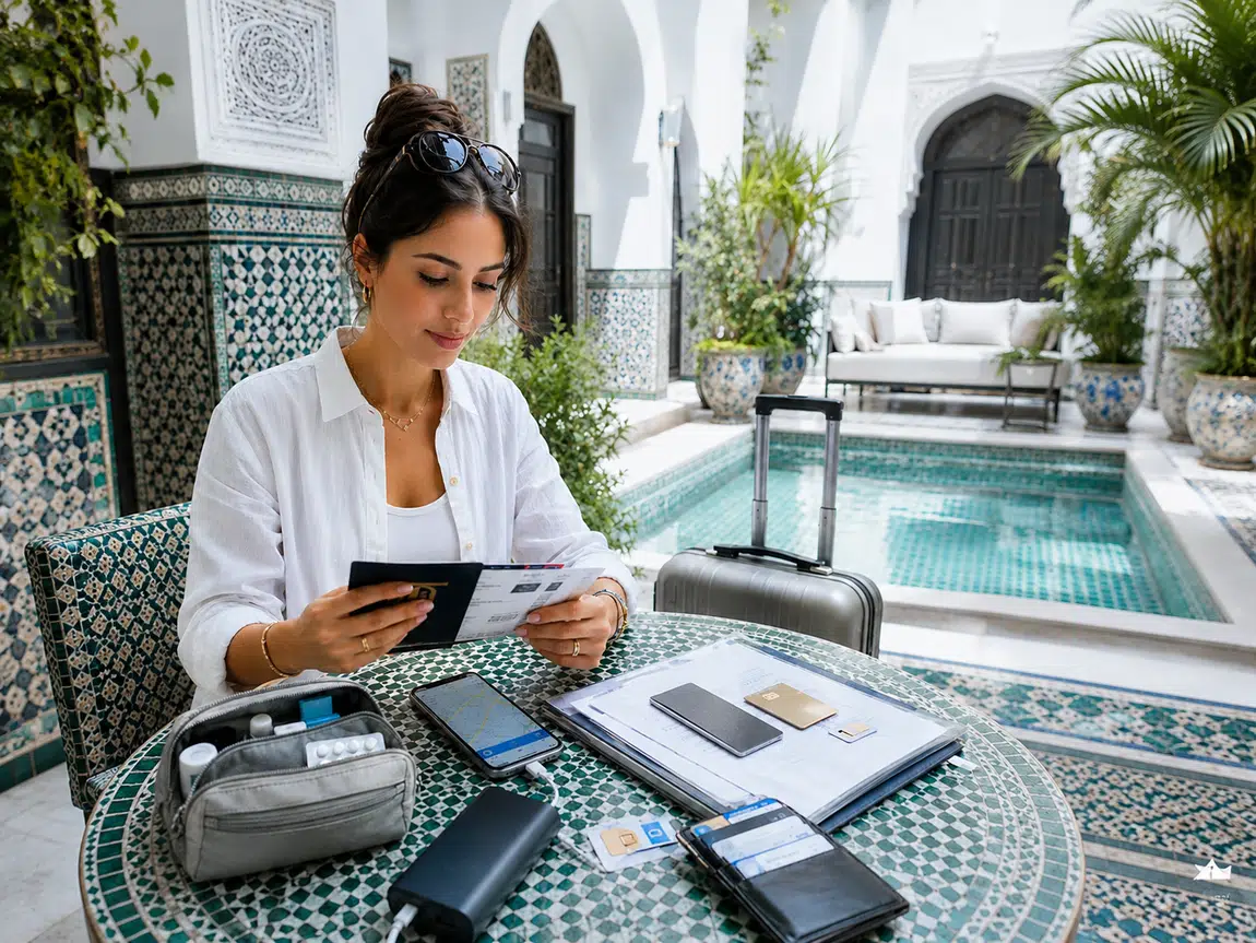 Moroccan tea and travel planning checklist on a coastal terrace