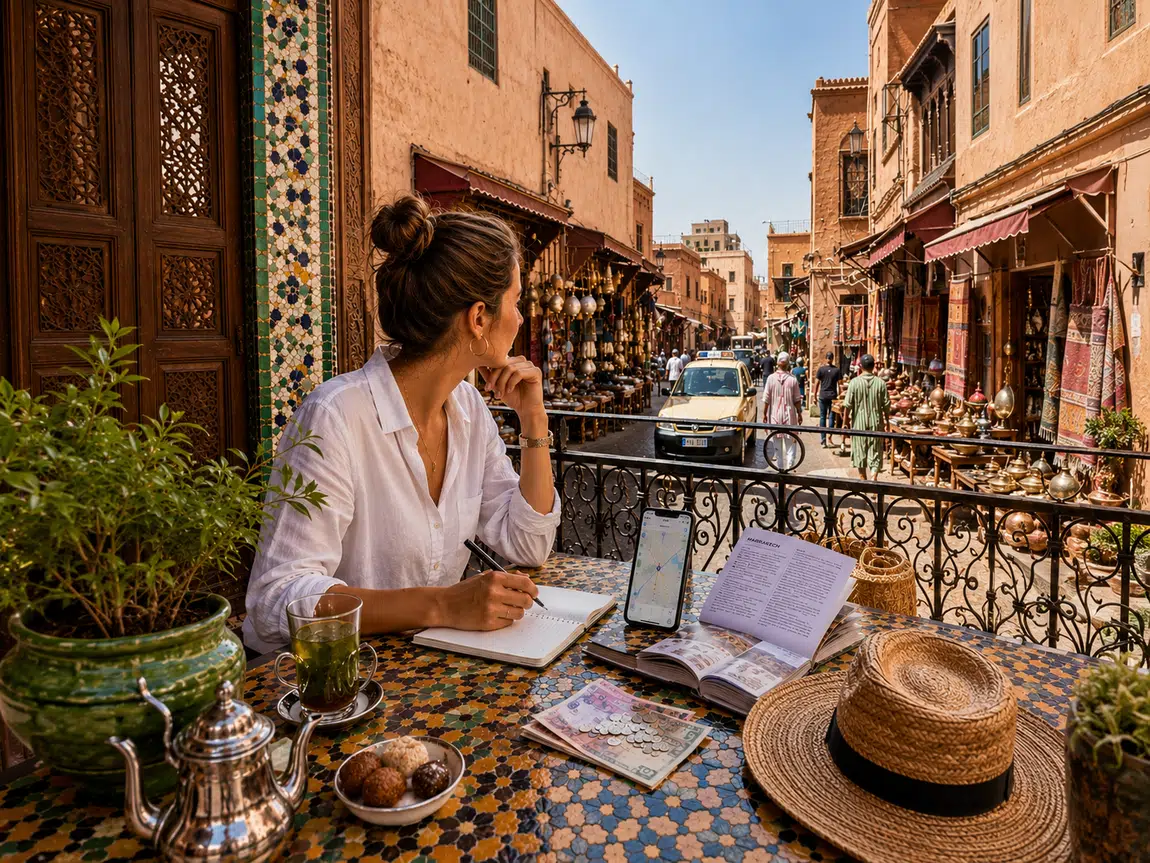 Traveller photographing and reflecting in a Moroccan market street