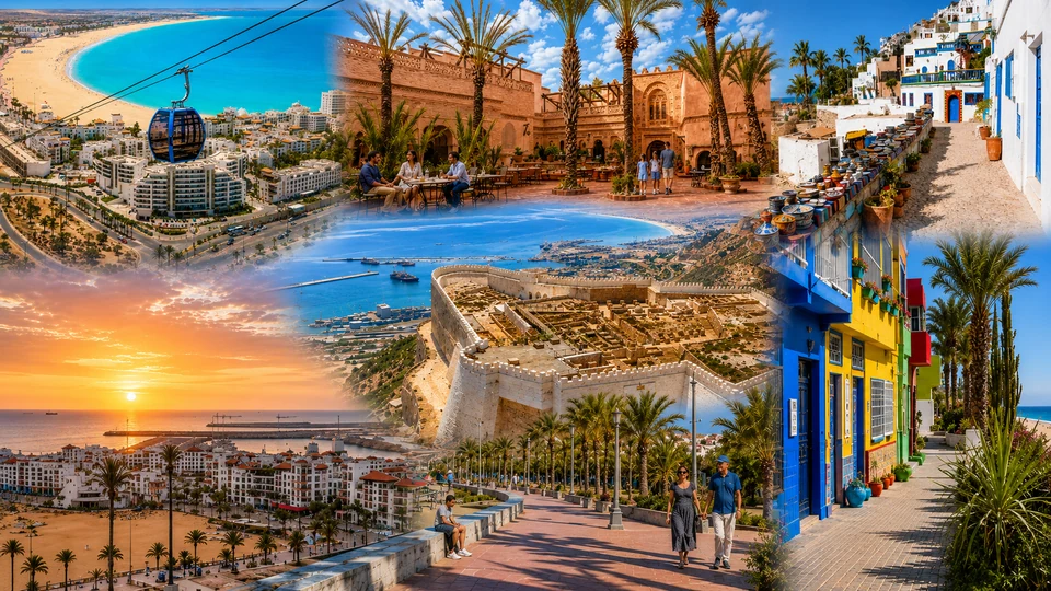 Agadir visual collage with Atlantic bay, Oufella, marina, souk and coastal landmarks