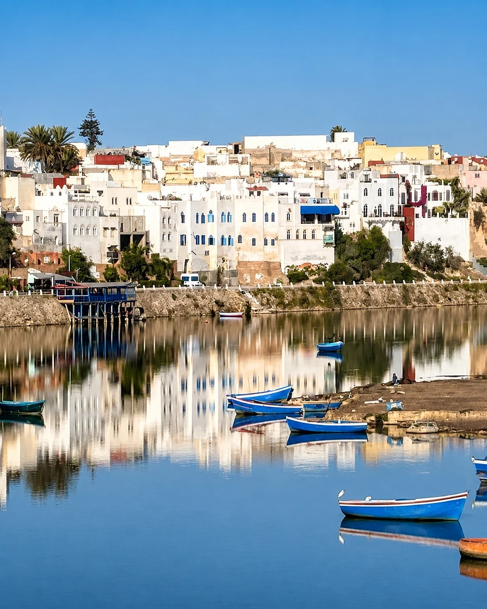 Azemmour riverfront medina reflected in the Oum Er-Rbia