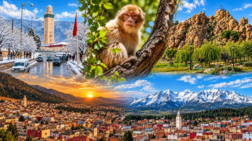 Azrou 4K hero collage with snowy mosque, cedar macaque, rock outcrop, lake light and Middle Atlas town views