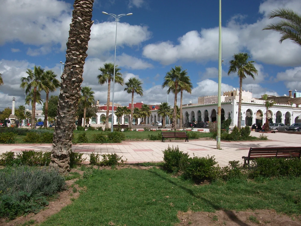 Palm trees and white arcades on a square in Boujaad