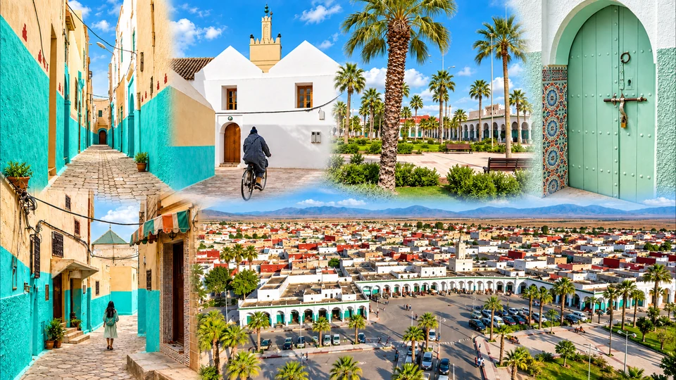 Supplied composite of turquoise lanes, white arcades, a square and green doors