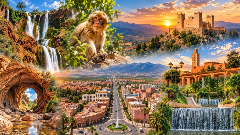 Editorial composite of Beni Mellal and regional excursions, including the kasbah, city streets and Ouzoud Waterfalls