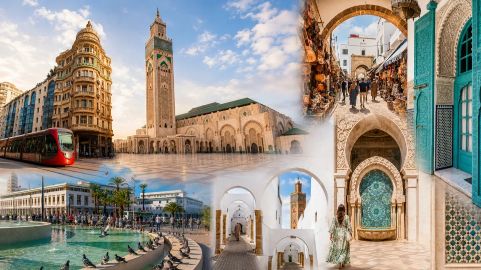 Casablanca collage with Hassan II Mosque, Art Deco tramway, medina market, turquoise doorway, fountain and civic square