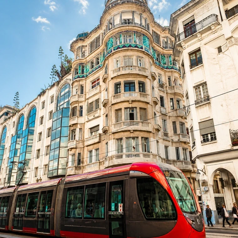 Casablanca tram passing elegant Art Deco façades in the city centre
