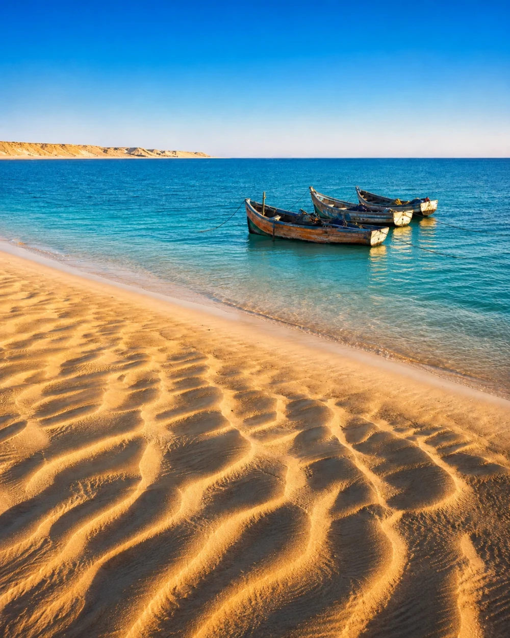 Editorial illustration from the existing Dakhla guide: fishing boat beside a sandy lagoon shore