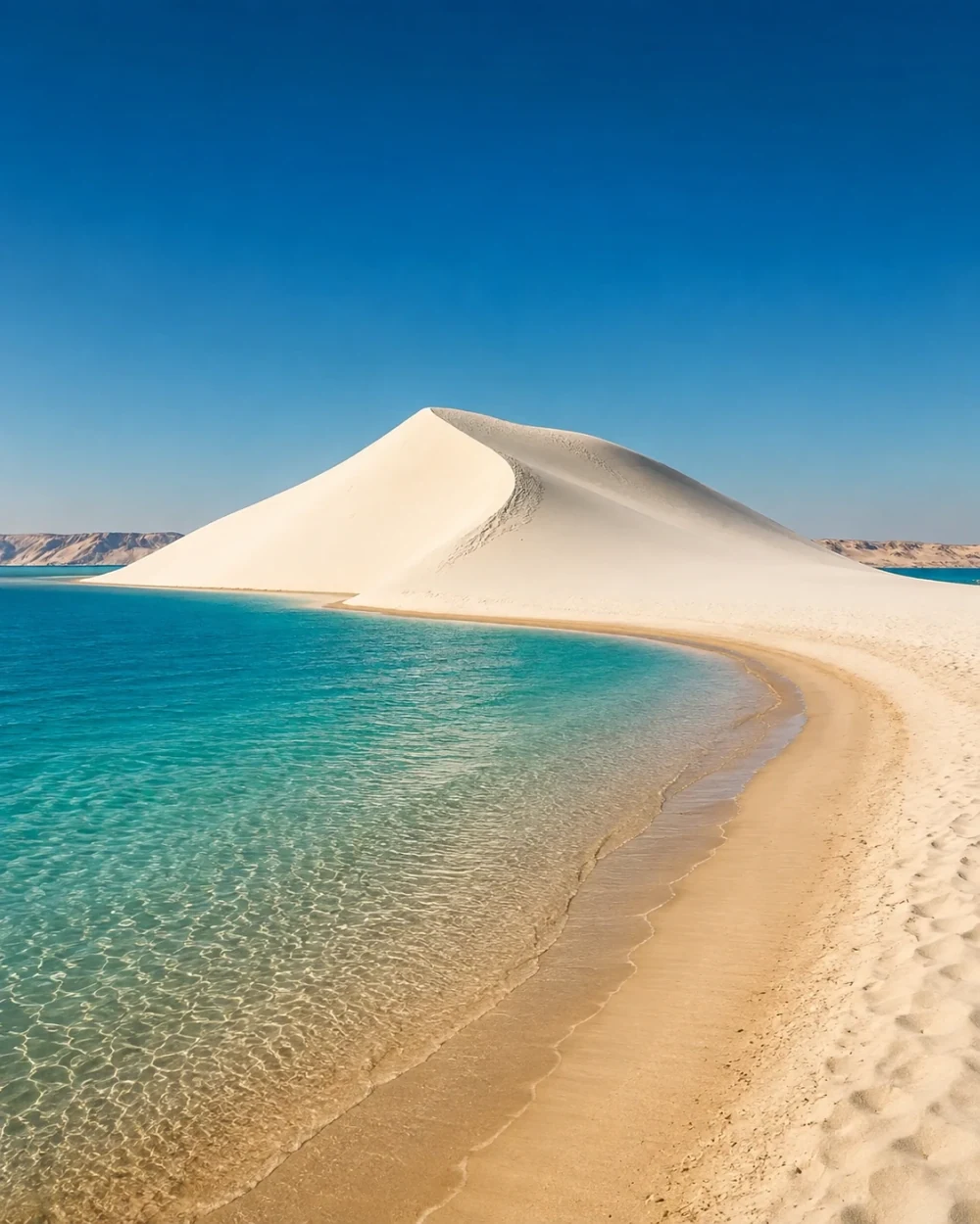 Editorial illustration from the existing Dakhla guide: white dune meeting turquoise lagoon water