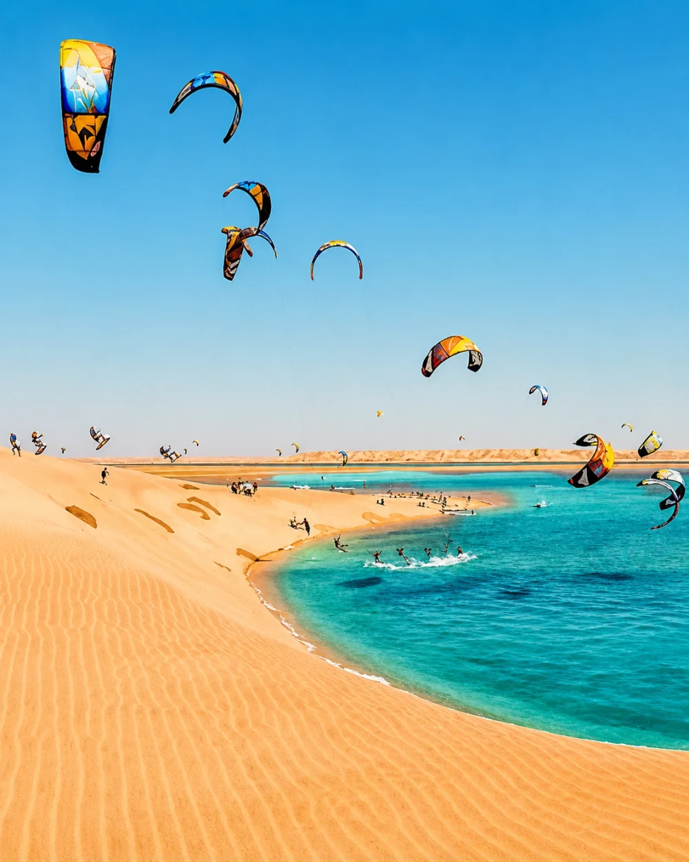 Editorial illustration from the existing Dakhla guide: wind sports and sandy lagoon shore