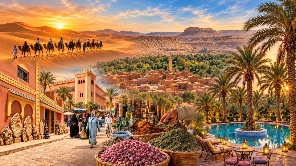 Editorial collage of Erfoud and its wider oasis and desert setting, with fossil displays, markets, palm groves and dunes