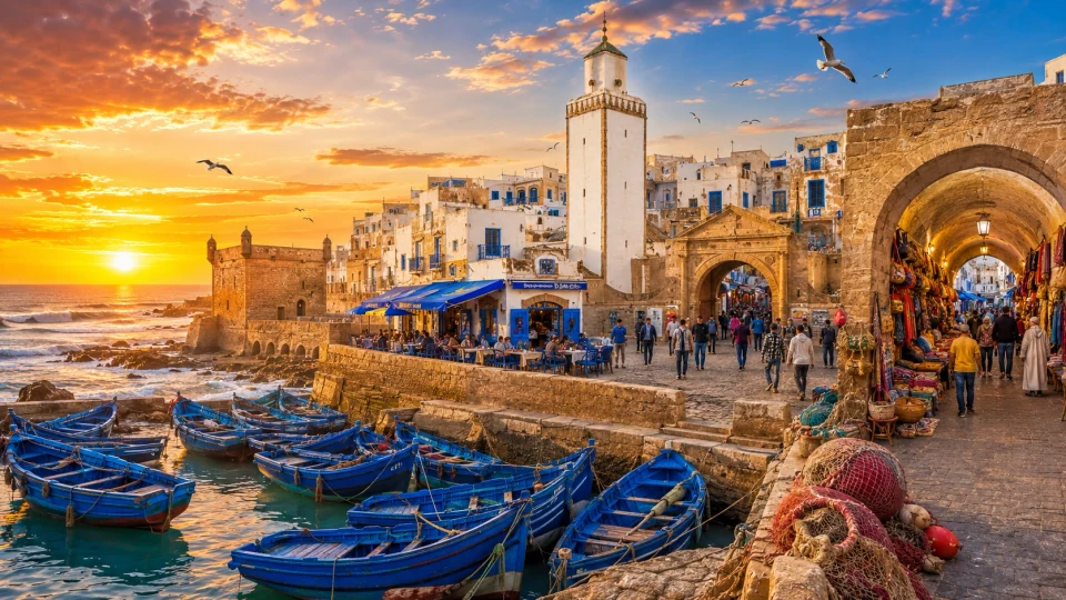 Essaouira harbour, blue boats, ramparts and Atlantic light