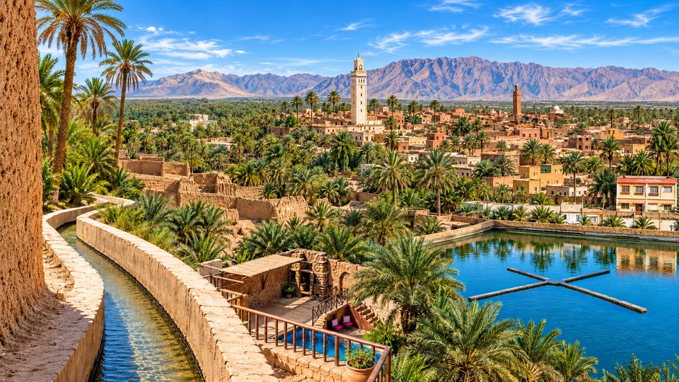 Panoramic view across Figuig oasis, palm groves, earthen settlement and mountain rim