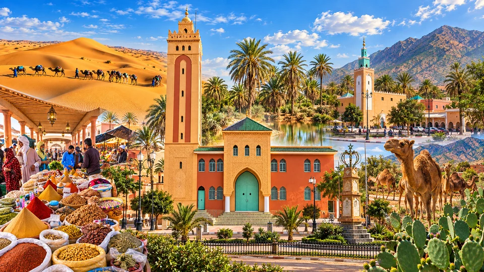Guelmim editorial collage with mosque architecture, market scenes, palms and southern landscapes