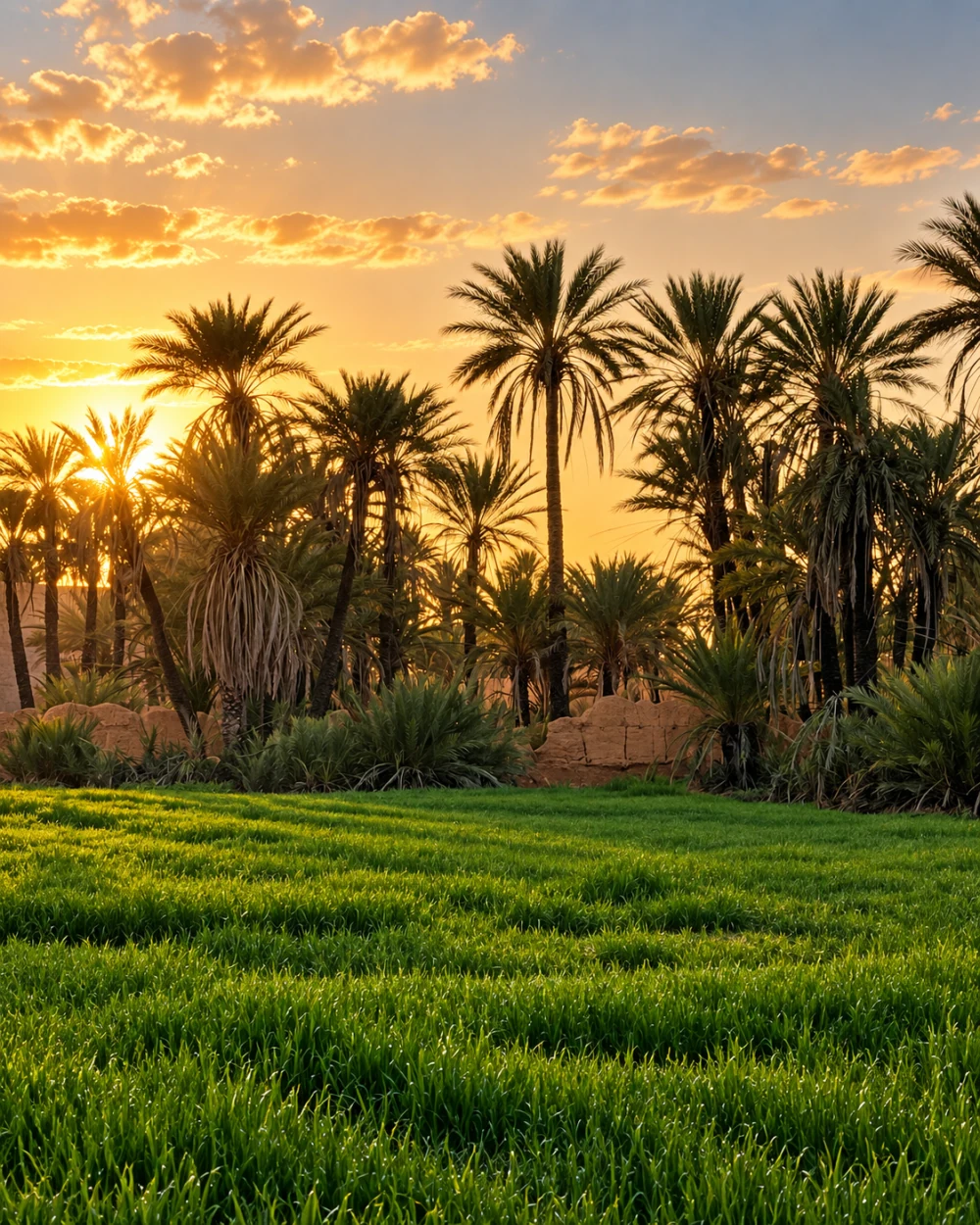 Cultivated oasis plots and date palms in warm evening light
