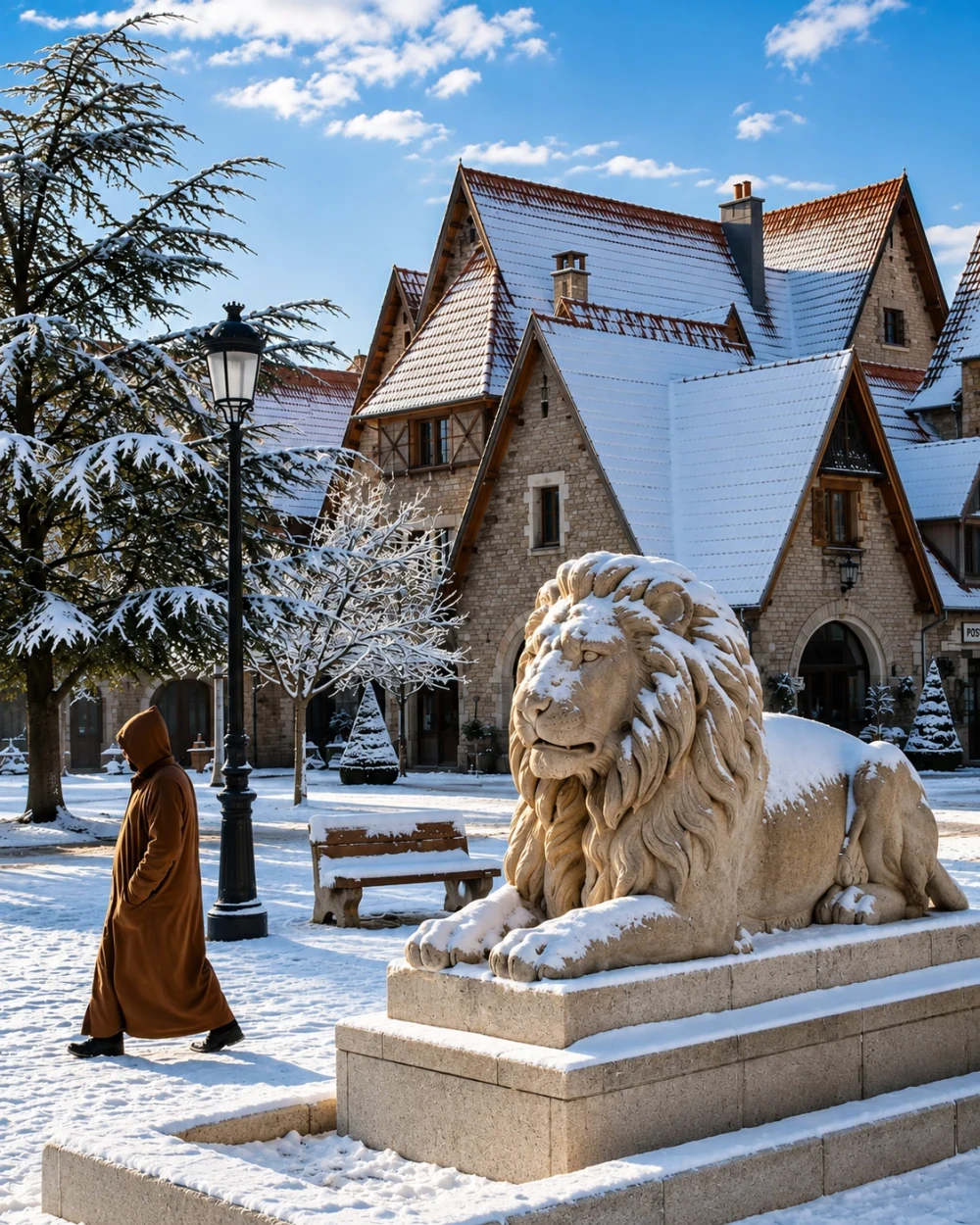 Stone Lion in snowy Ifrane with red-roofed highland buildings