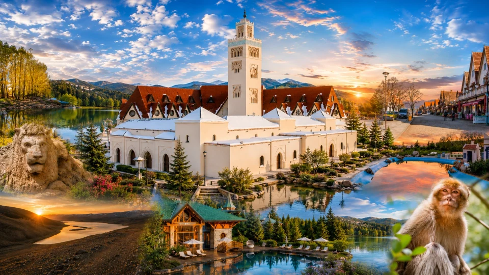 Ifrane highland collage with lake, mosque, cedar landscape and mountain light