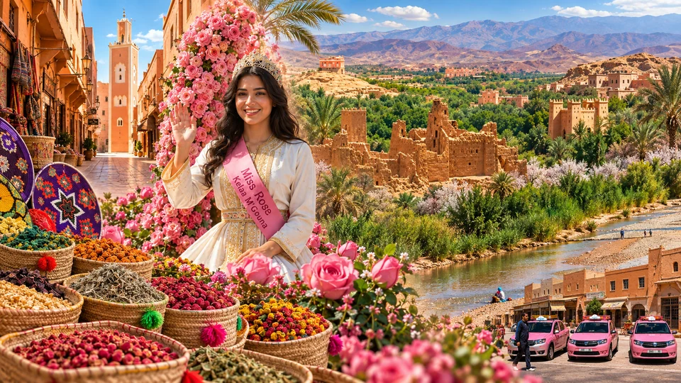 Kalaat M’Gouna collage of rose celebrations, town streets and valley architecture