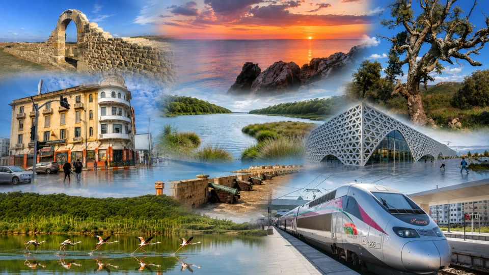 Kenitra montage with riverfront, Mehdia, wetlands, city landmarks and transport links