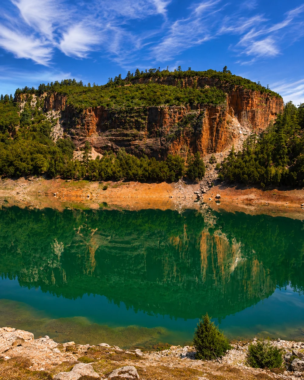 Aguelmam Azegza lake beneath wooded limestone cliffs near Khenifra