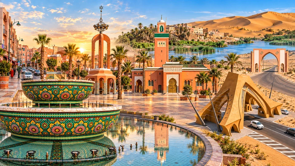 User-selected montage of Laâyoune avenues, civic monuments, a mosque, fountains and Saharan scenery