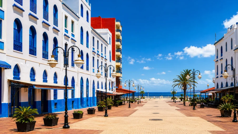 Atlantic promenade and white-blue architecture in Larache