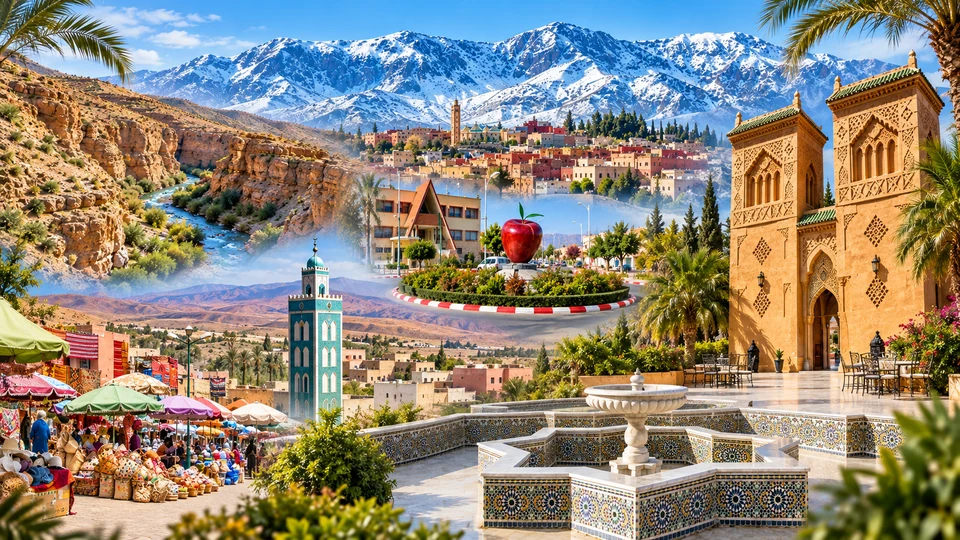 Midelt panorama with snow-capped Atlas mountains, apple monument, market and highland landscape
