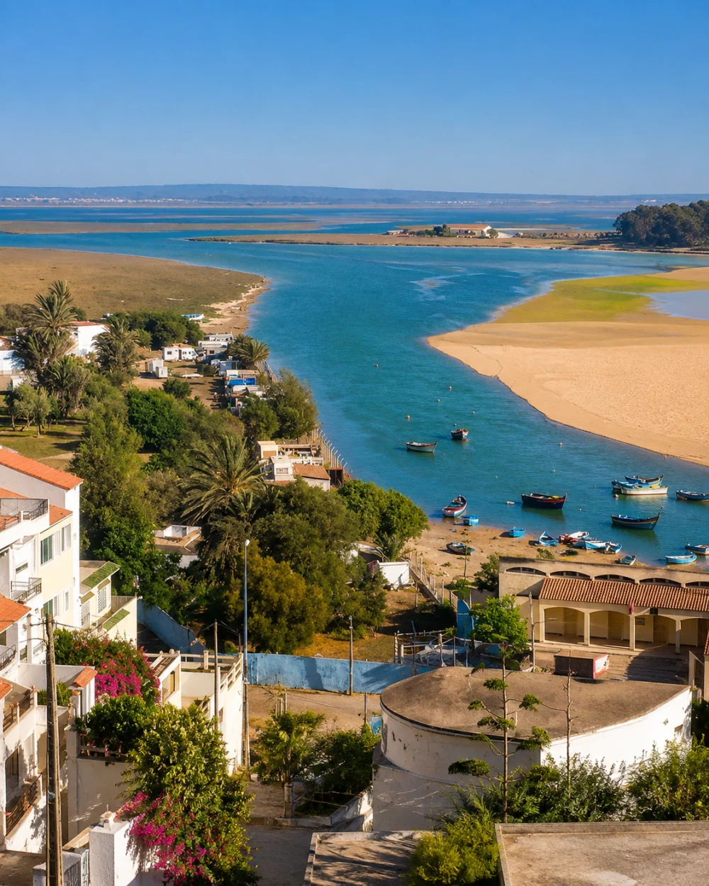 Village terraces above the tidal channel and sandbanks of Merja Zerga