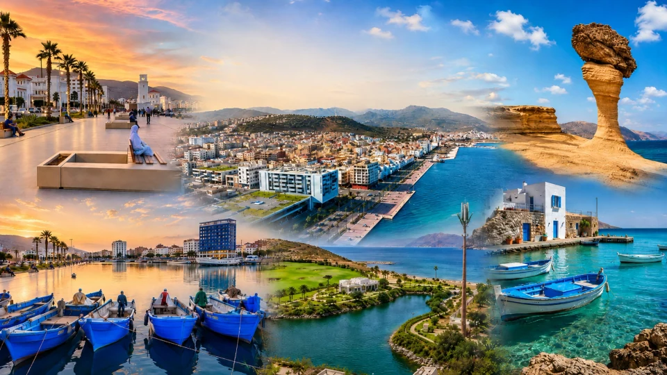 Nador city, Marchica Lagoon, coastline and Eastern Rif landscapes in one Mediterranean hero composition