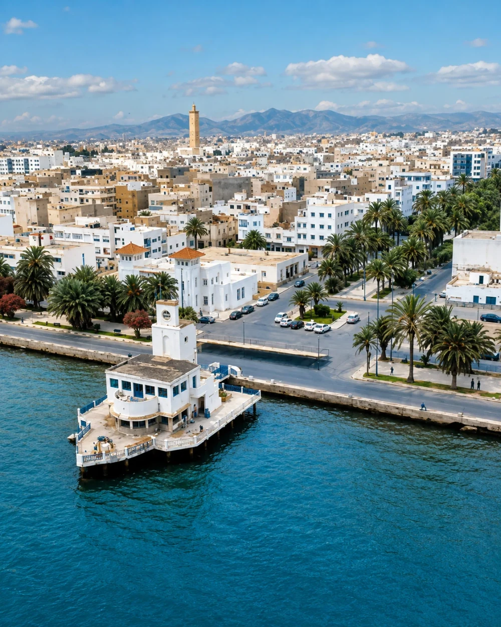 Nador waterfront with white city blocks, palm trees, clock tower and Rif mountains beyond Marchica Lagoon