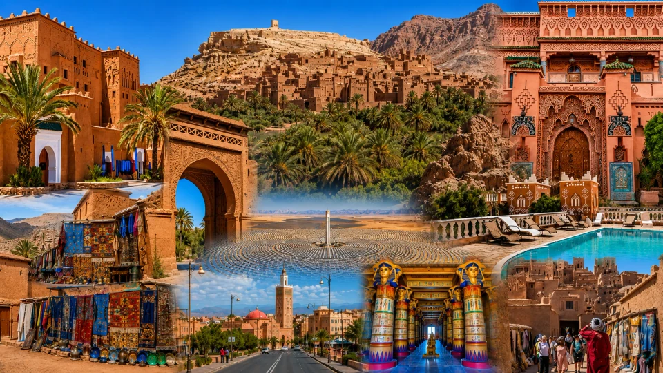 Collage of Ouarzazate, nearby kasbahs, oasis views, market texture and desert atmospheres