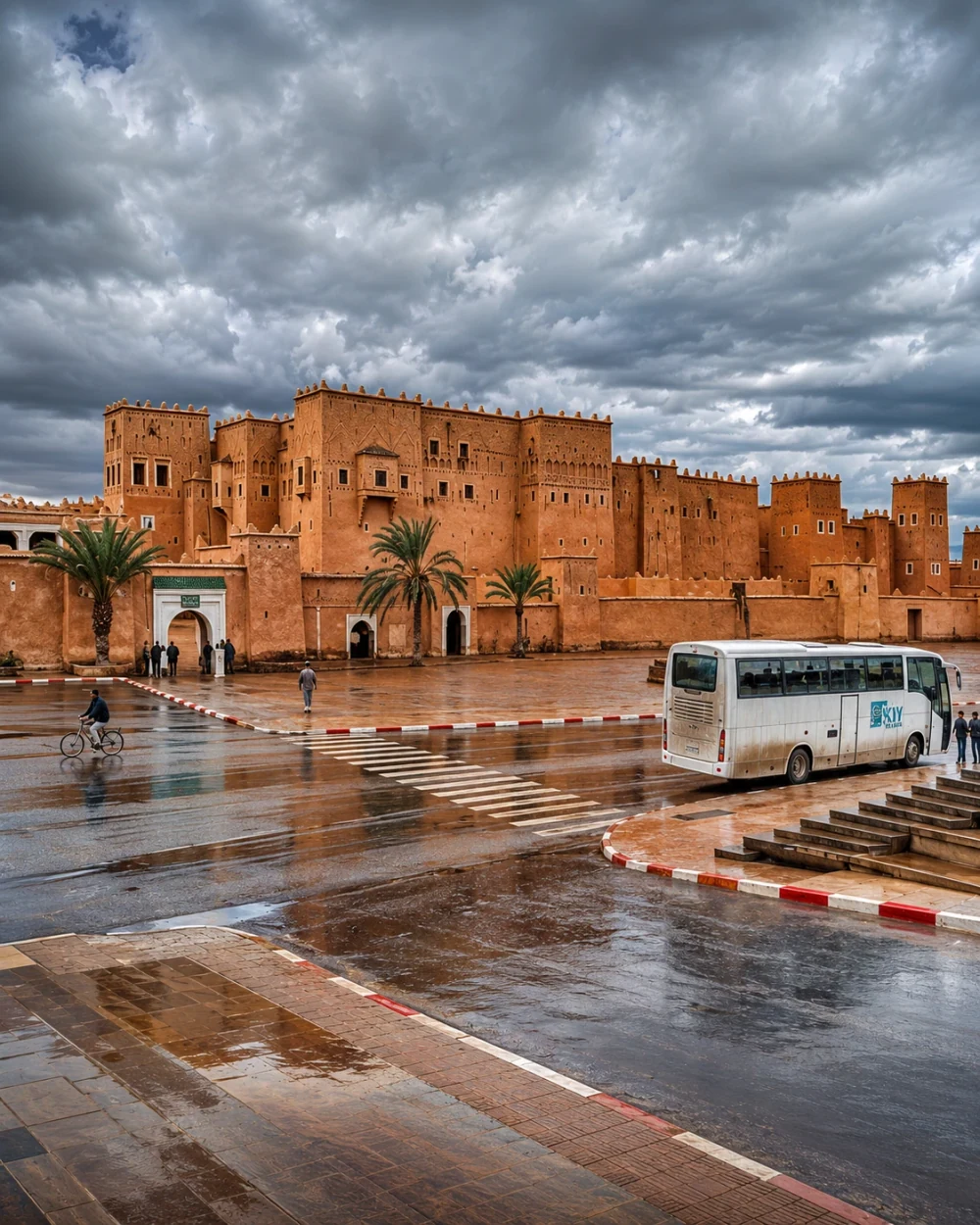 Taourirt Kasbah in Ouarzazate under dramatic storm clouds after rain