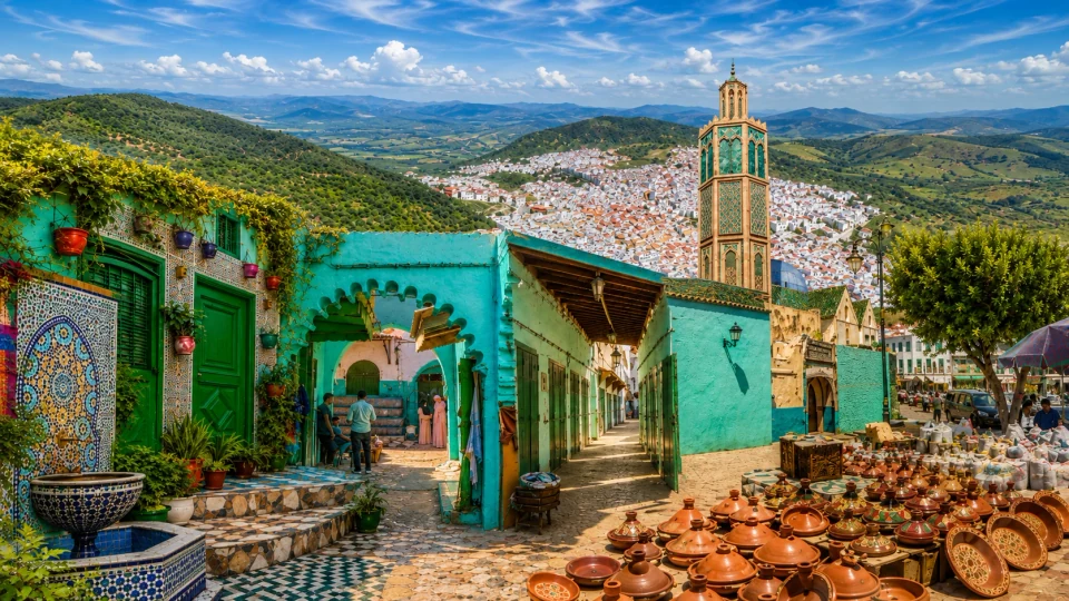 Turquoise-and-white medina street and hills in Ouazzane