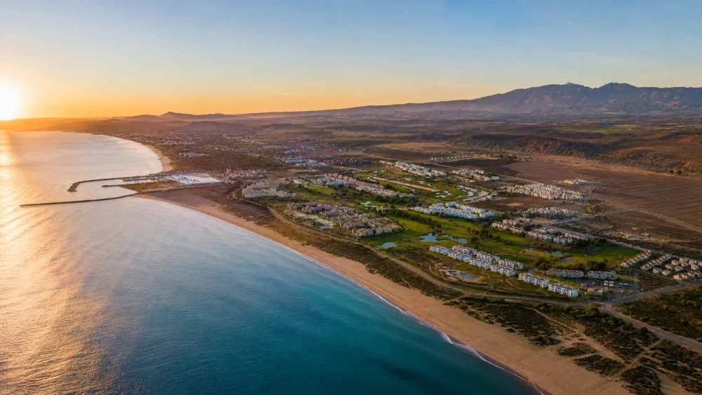 Wide sunset view over Saïdia Beach, the Mediterranean shore and eastern Moroccan coastal landscape
