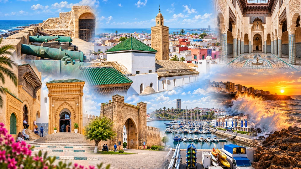 Editorial collage of Salé architecture, medina, coastal defences and the Bouregreg