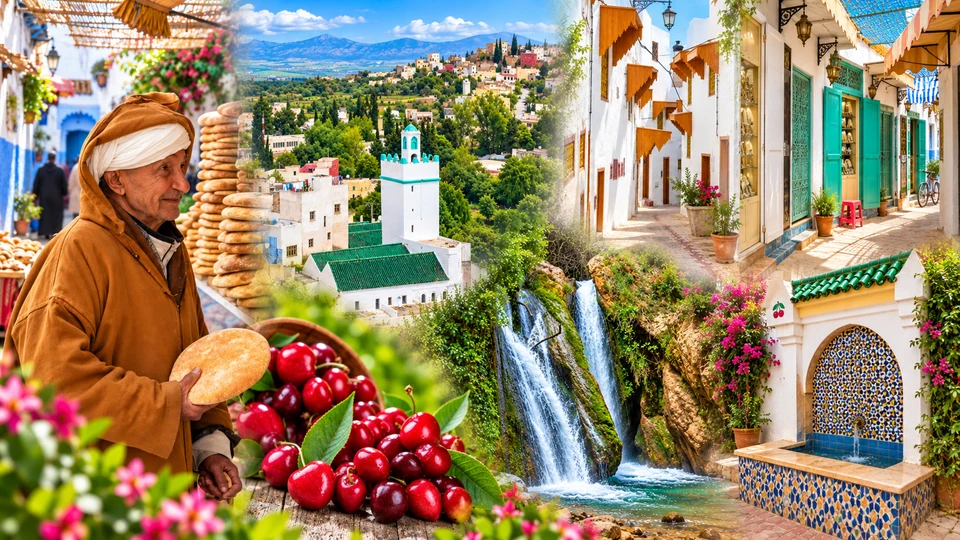 Sefrou editorial panorama with medina, greenery, waterfall, cherries, bread seller and mountain foothill atmosphere