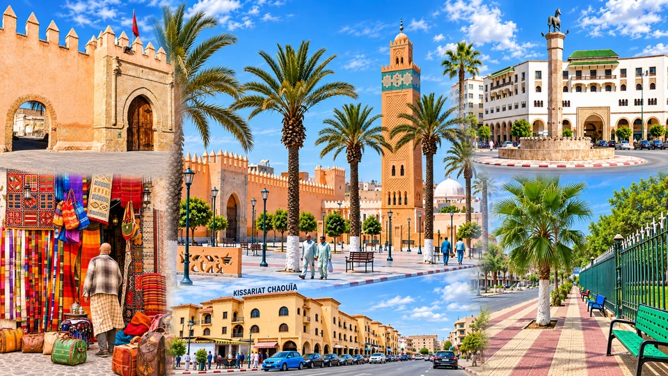 Settat collage with kasbah walls, Sidi Laghlimi mosque, the horse monument and city streets