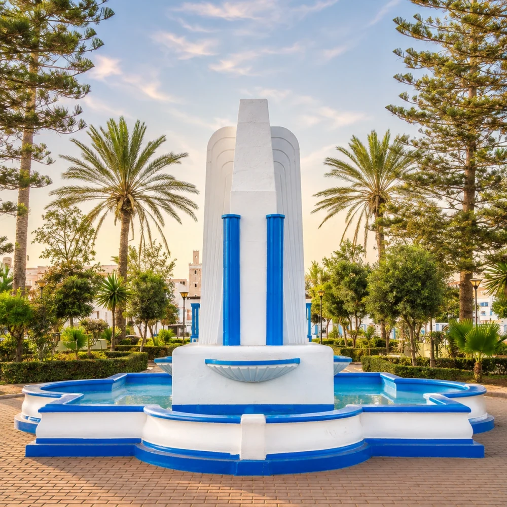 Blue-and-white fountain detail in a palm-lined square in Sidi Ifni