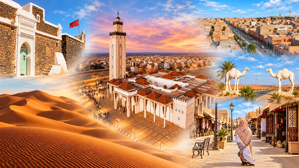 User-supplied Smara collage with the mosque, zawiya entrance, city avenue, camel sculptures, dunes and market scene