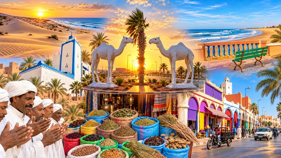Tan-Tan visual composition with camel sculptures, market stalls, cultural gathering and the Atlantic coast