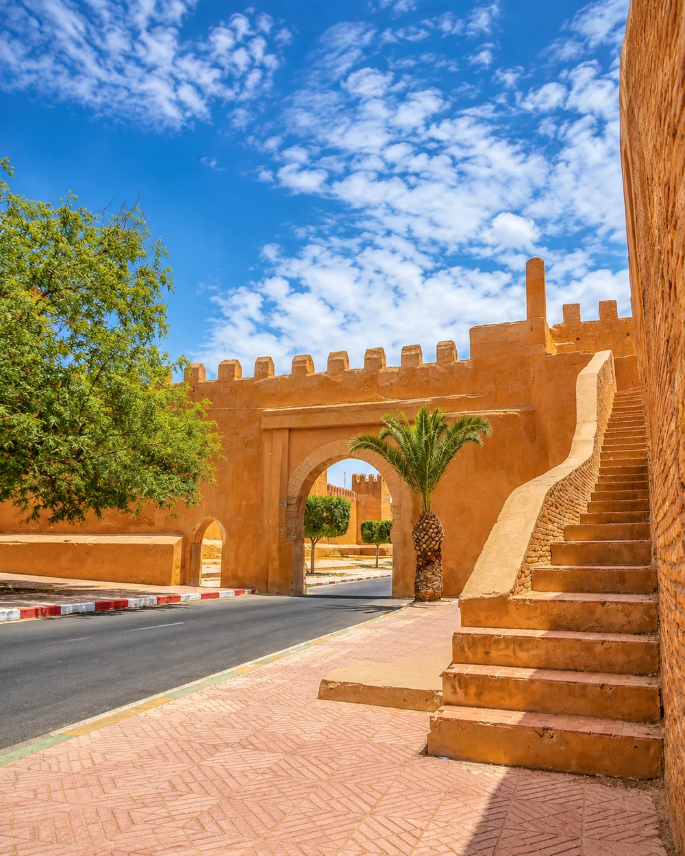 Arched gate and rampart stairs in Taroudant