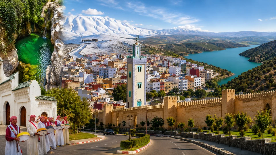 Taza hero panorama with fortified walls, old city, mountain landscapes, water and cultural movement