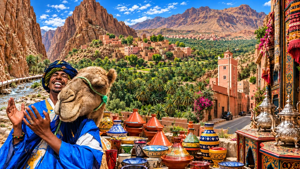 Editorial collage of Tinghir, Todgha Gorge, oasis scenery and Moroccan market culture