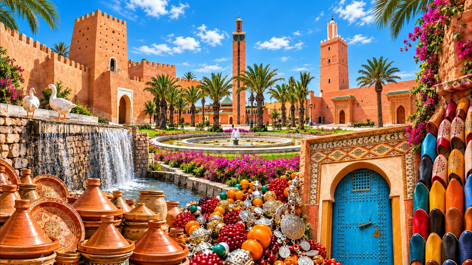 Colorful Tiznit city scene with ochre architecture and Moroccan crafts