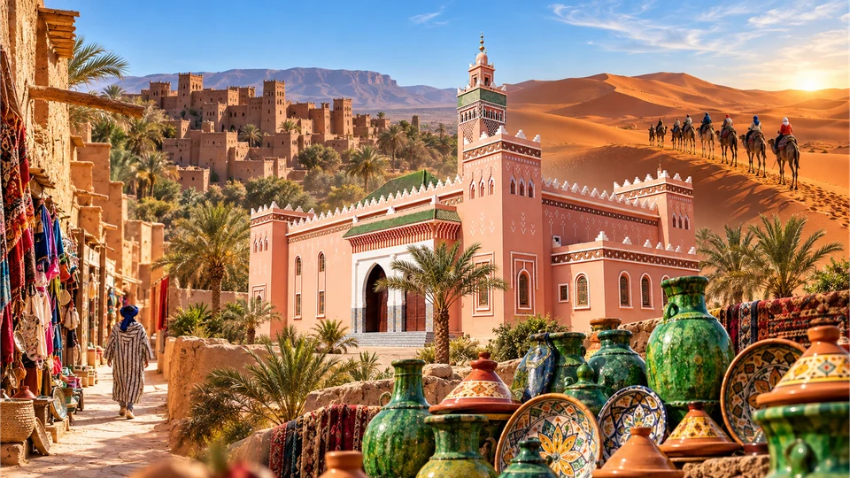 Zagora hero view with Drâa Valley kasbahs, mosque architecture, souk ceramics and desert dunes