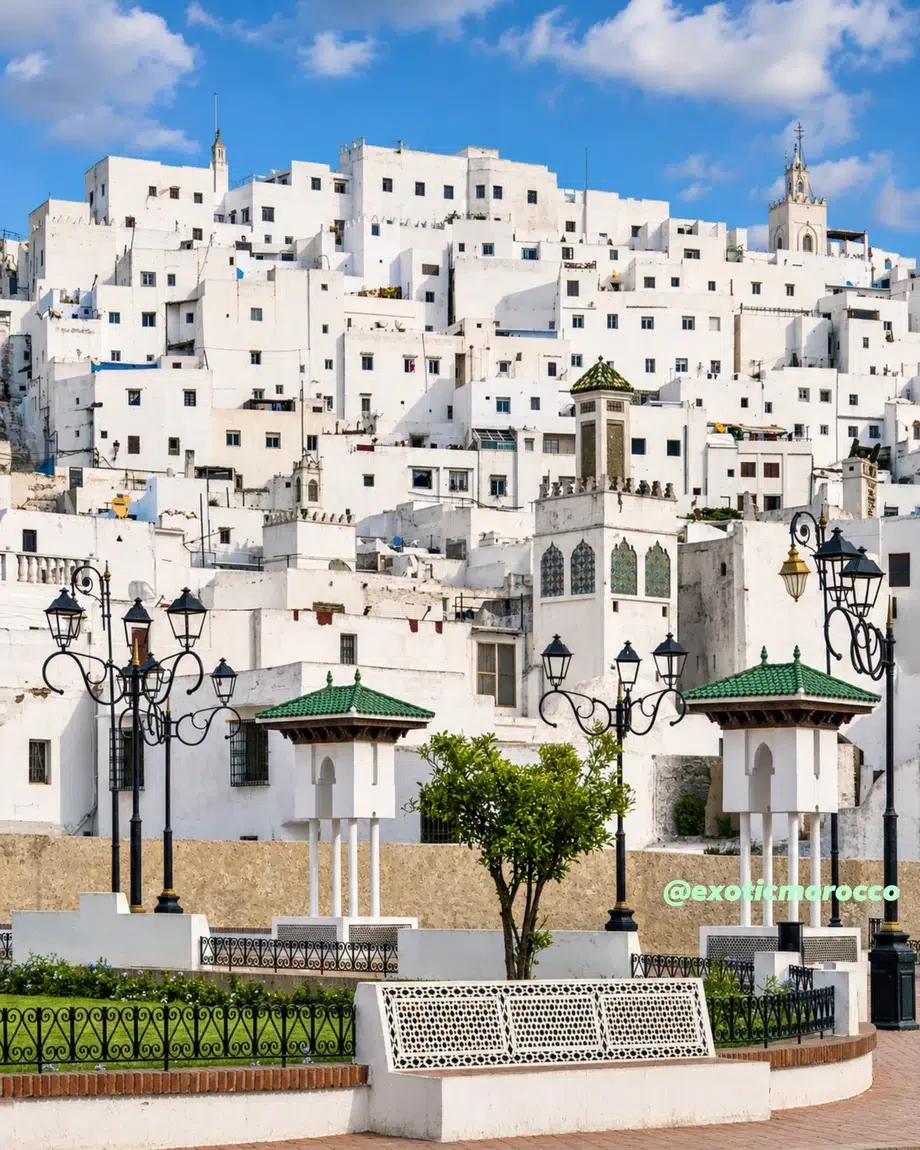 White city hillside and open square in northern Morocco