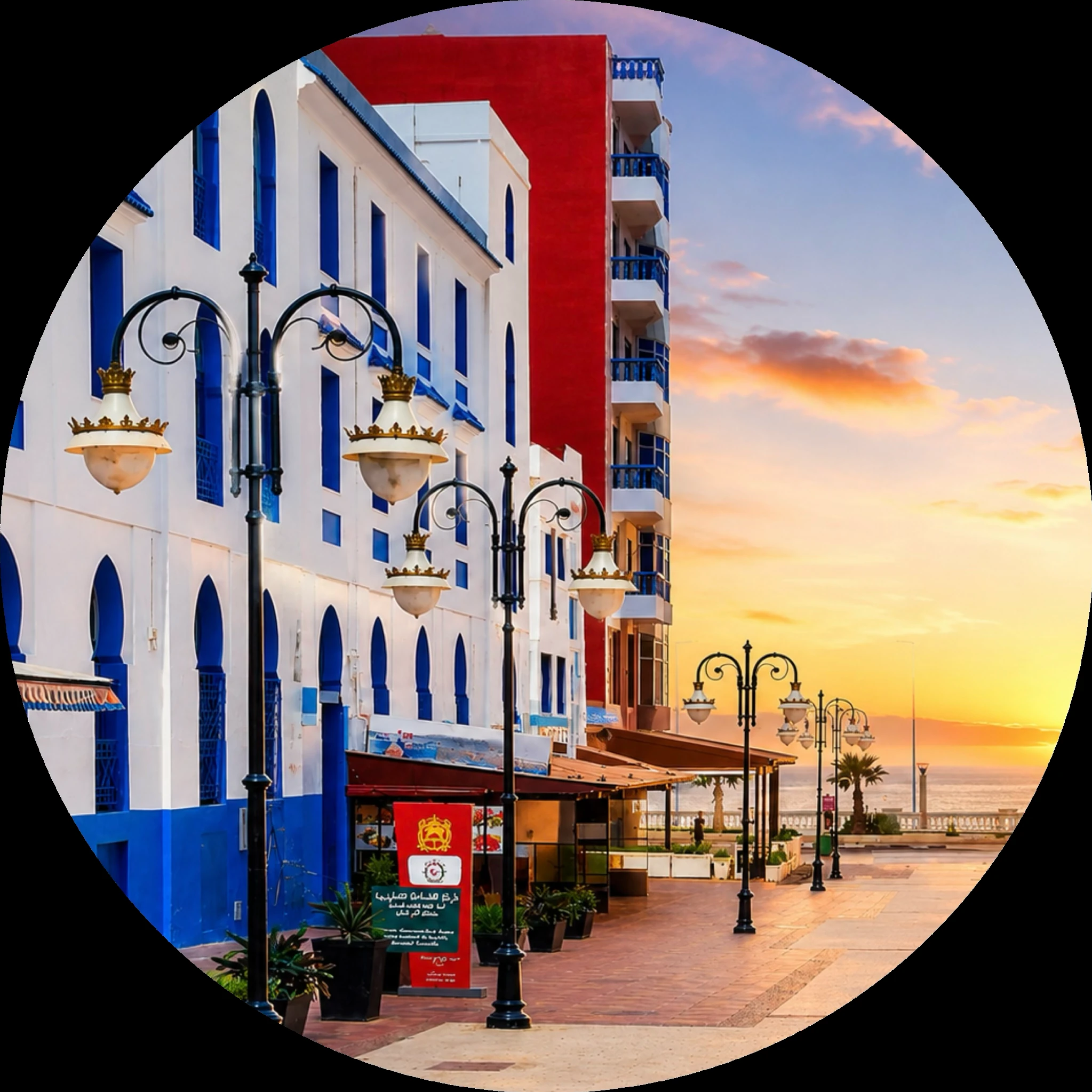 Larache seaside promenade at sunset