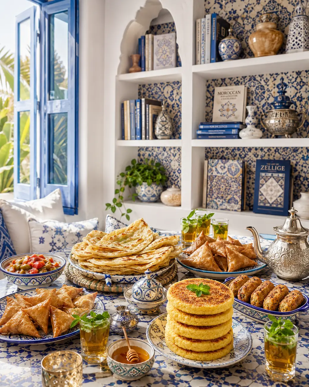 Browse by what kind of food you want — Moroccan breakfast breads, tea, savoury bites and shared table scene — ExoticMorocco