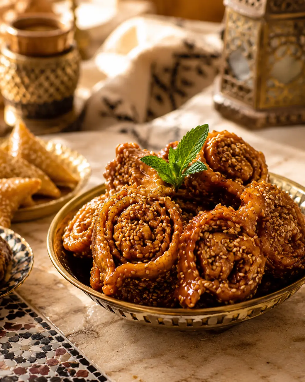 Chebakia | Moroccan recipe image | ExoticMorocco Chebakia sesame sweets in a golden bowl — ExoticMorocco