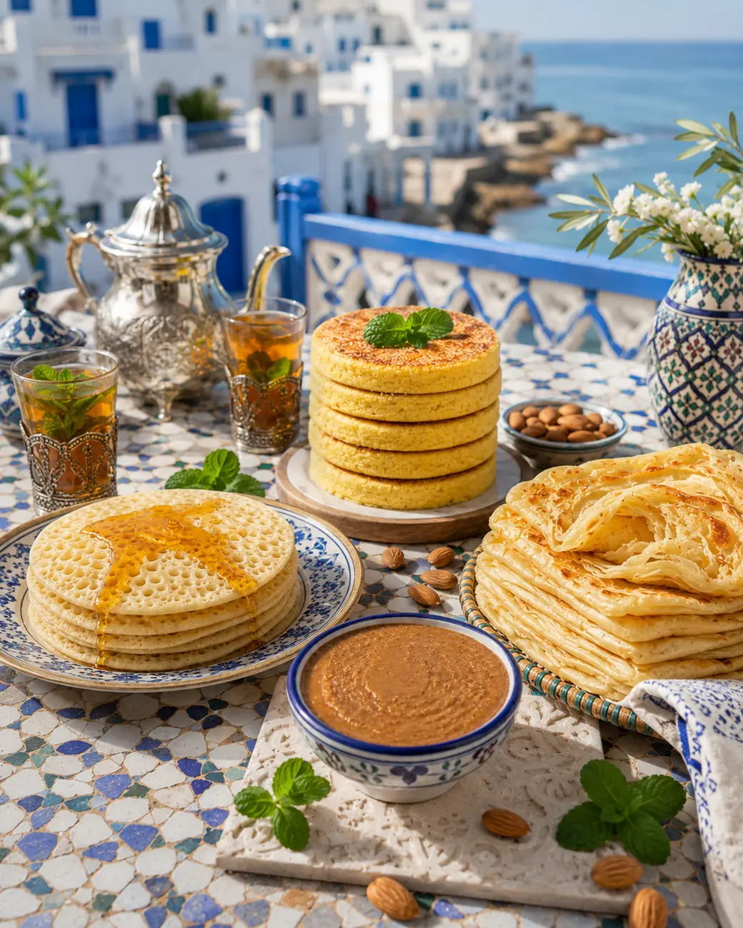 Breakfast | Moroccan meals image | ExoticMorocco Moroccan breakfast table with baghrir, harcha, msemen and amlou — ExoticMorocco